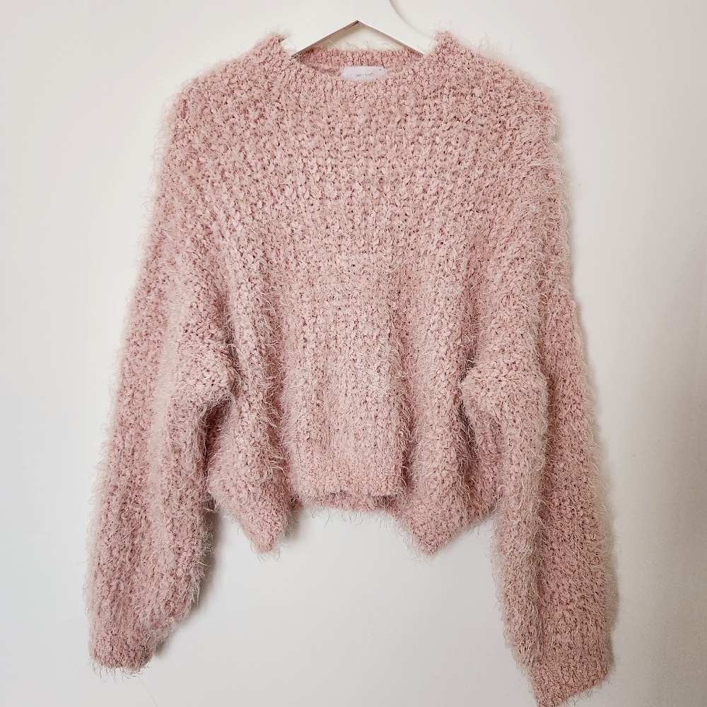 Oak & Fort Fuzzy Fluffy Chunky Knit Cropped Light Pink Sweater Small